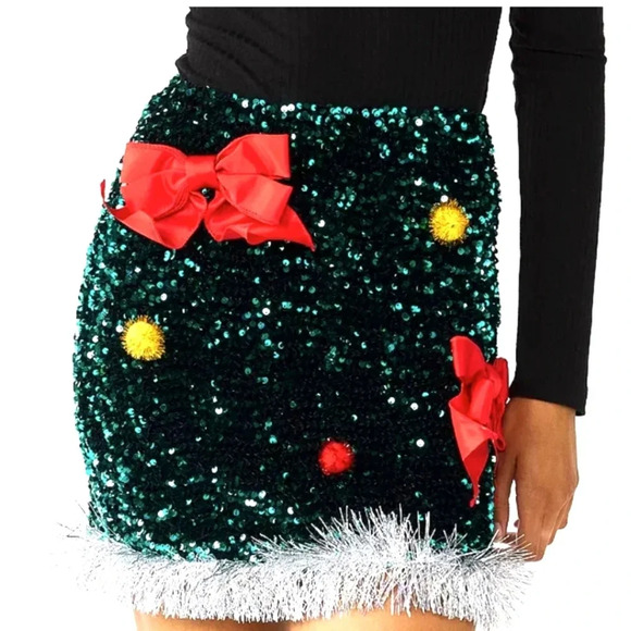 Love on a hanger tinsel festive emerald sequin mini skirt nwt ugly sweater Xs - Picture 2 of 4